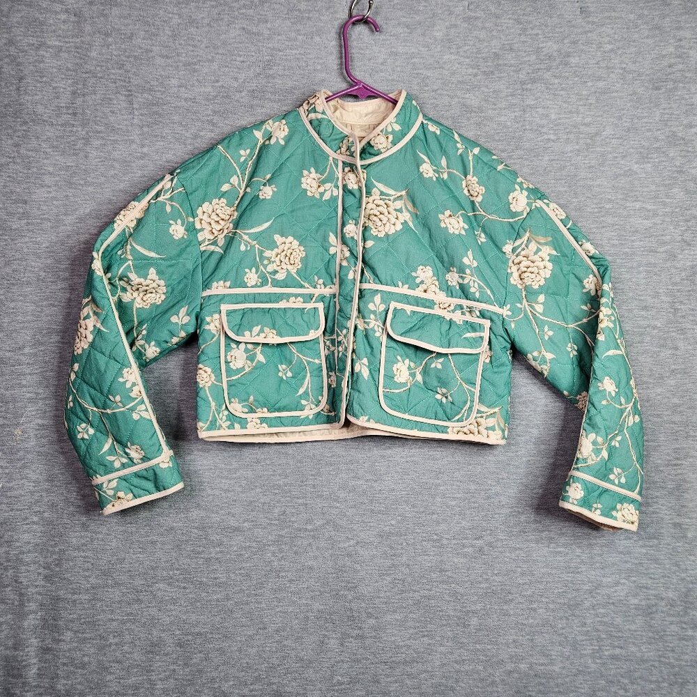 7 For All Floral Printed Jade Green Button Up Cropped Quilted Jacket Sz M NEW